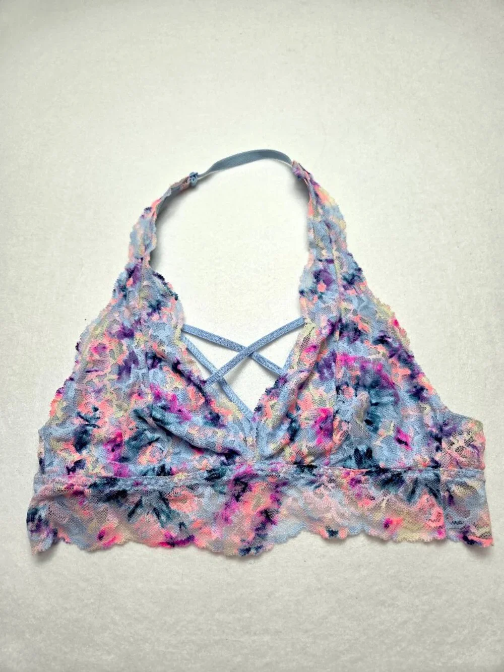 Victoria's Secret PINK Tie Dye Floral Lace Strappy Halter Bralette Blue Womens S